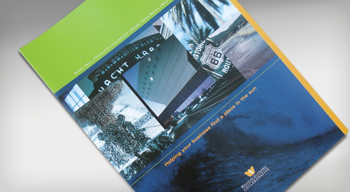 Santa Monica Collaborative colorful folder Brochure with a large breaking blue wave image dominating the bottom half of cover