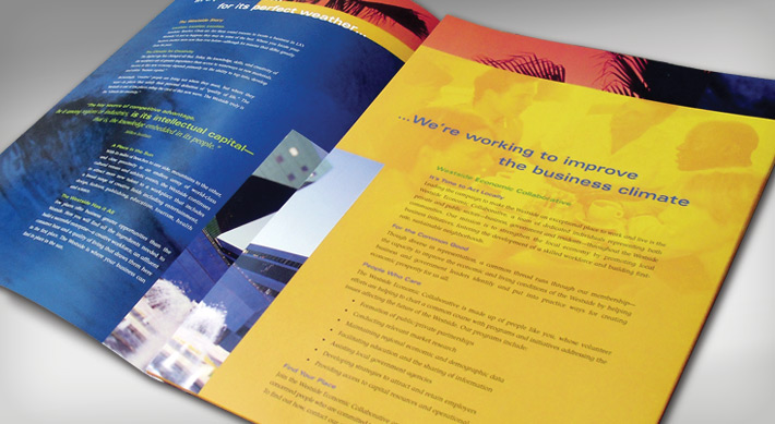 Santa Monica Collaborative folder/brochure Blue, yellow and red spread