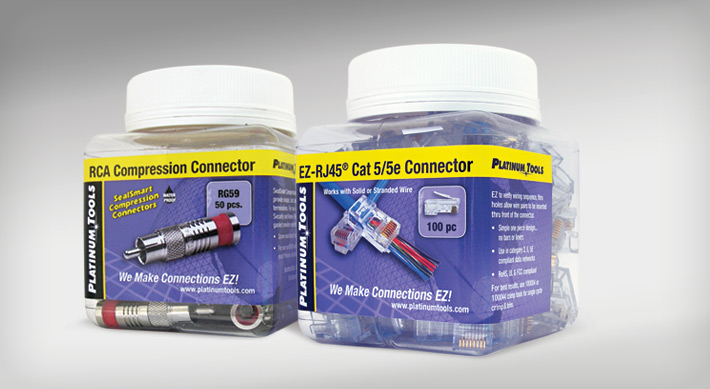 Platinum Tools label for connectors packaged in a plastic jar