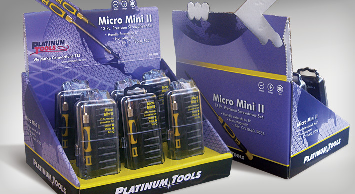 Platinum Tools in store display for the Micro-mini II Screwdriver set