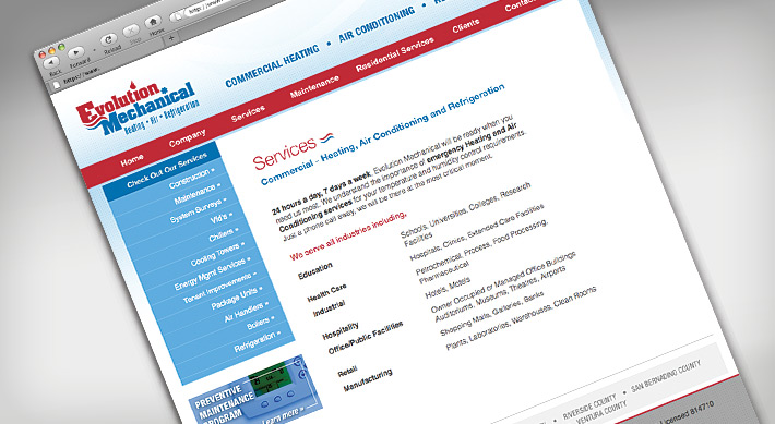 Evolution Mechanical Services web page